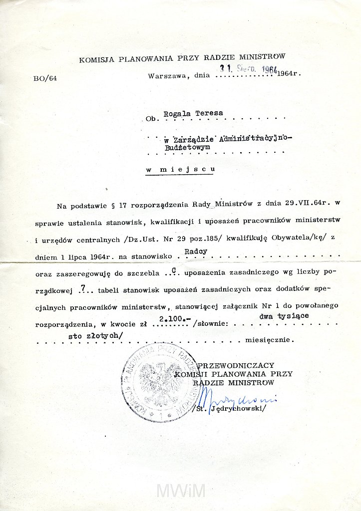 KKE 5828.jpg - Dok. Pismo wystawione przez Komisje Planowania przy Radzie Ministrów dla Teresy Rogala dotyczący awansu zawodowego (stanowisko: Radca), Warszawa, 31 VIII 1964 r.